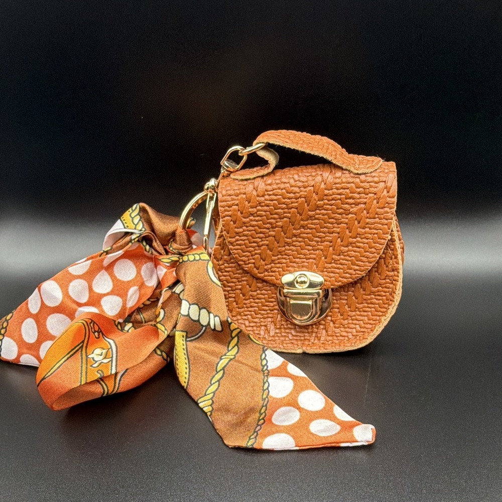 Mini Bag Charm Keychain w/ Key Ring, Detachable Scarf, Brown/Orange Geometric‎